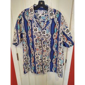 KY International Fashion Mens Hawaiian Shirt L USA Aloha Surfboards Floral Tiki